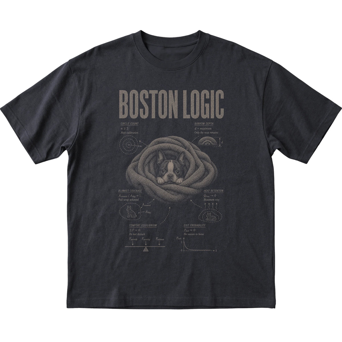Black Boston Terrier Logic T-Shirt laid flat