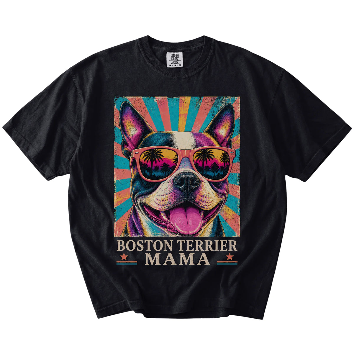 Retro Boston Terrier Mama design on a Black Comfort Colors T-shirt
