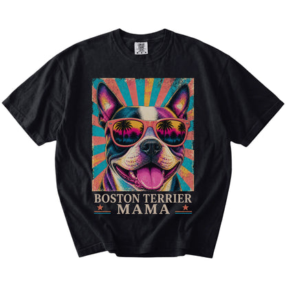 Retro Boston Terrier Mama design on a Black Comfort Colors T-shirt