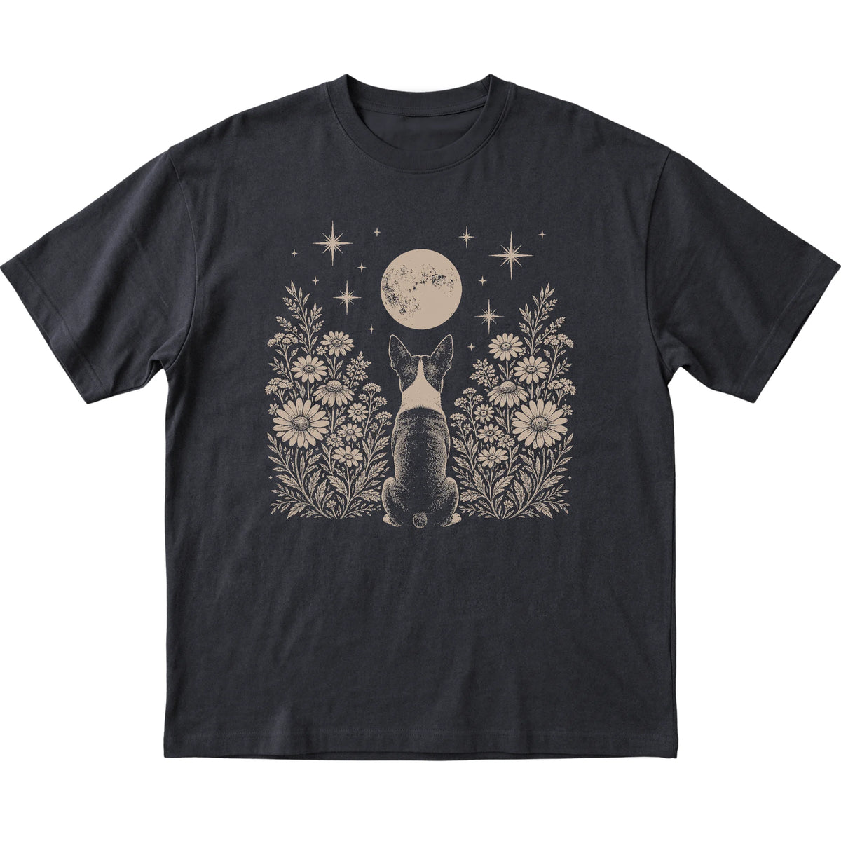 Black T-shirt featuring Wildflower Moon Boston Terrier, laid-flat presentation