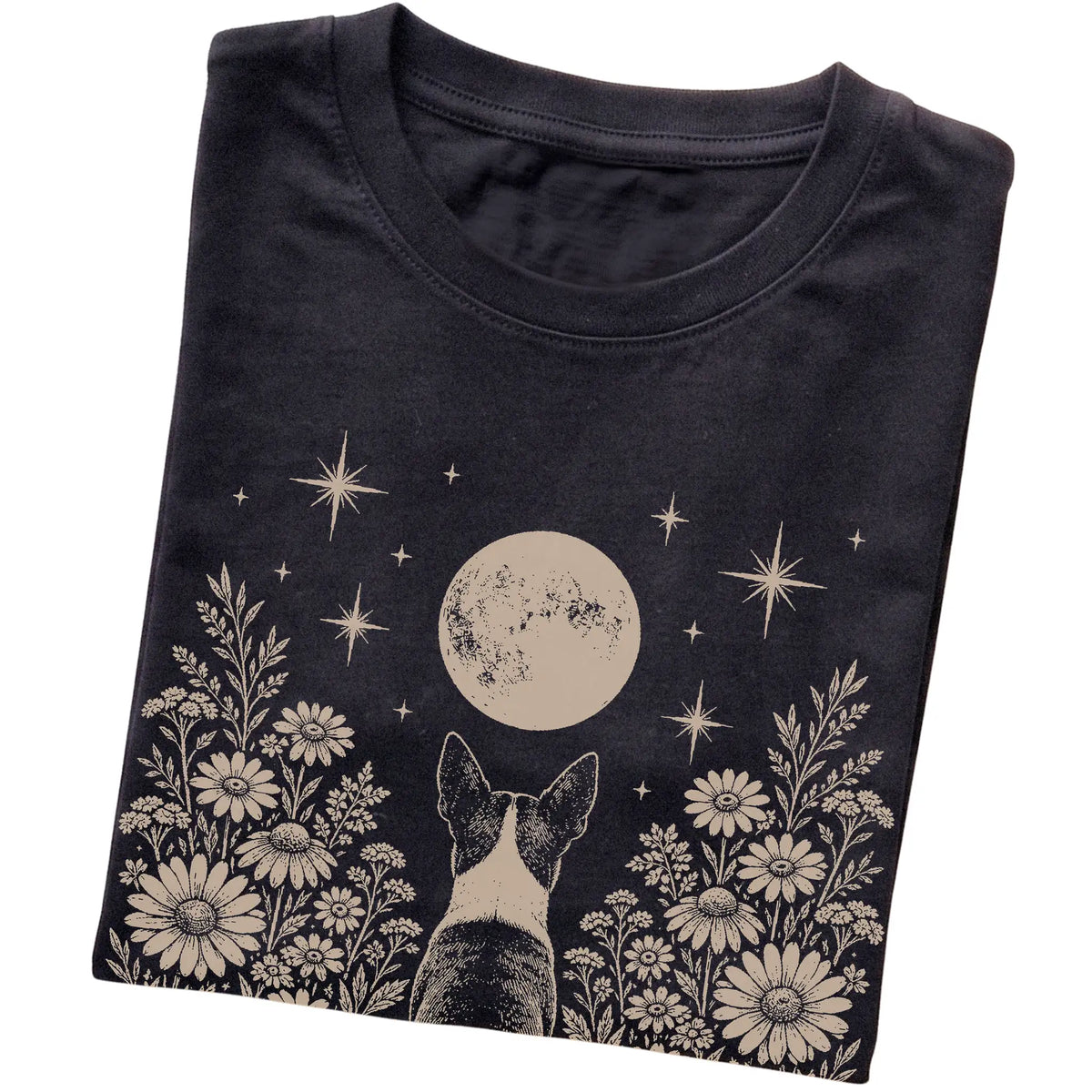Black T-shirt featuring Wildflower Moon Boston Terrier, folded presentation
