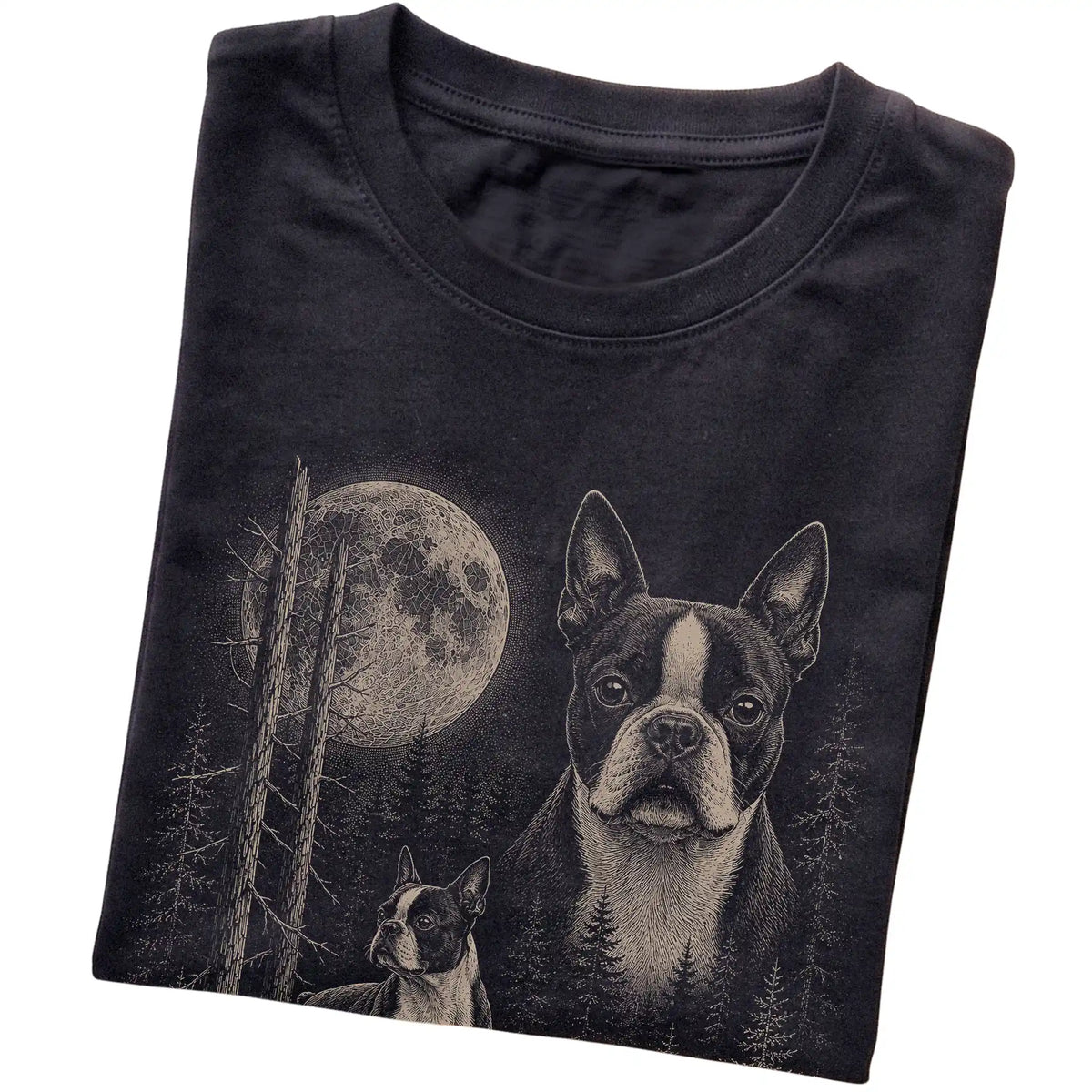 Folded black Softstyle T-shirt showing the Boston Terrier Moonlit Forest graphic