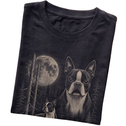 Folded black Softstyle T-shirt showing the Boston Terrier Moonlit Forest graphic