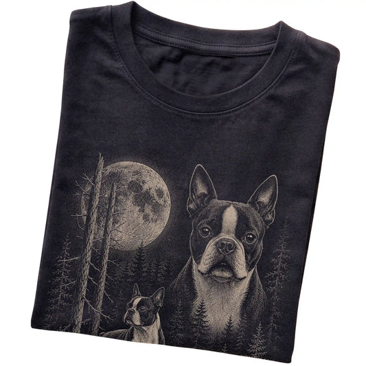 Folded black Softstyle T-shirt showing the Boston Terrier Moonlit Forest graphic