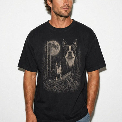 Man wearing a Black Boston Terrier Moonlit Forest T-Shirt