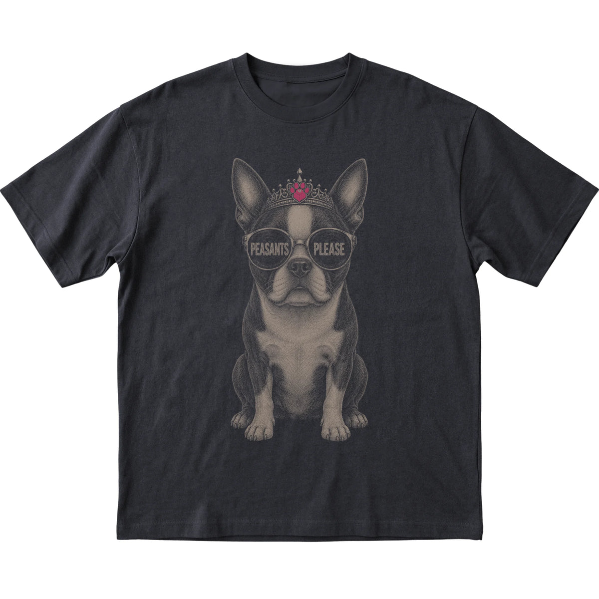 Black Boston Terrier Peasants Please T-Shirt laid flat