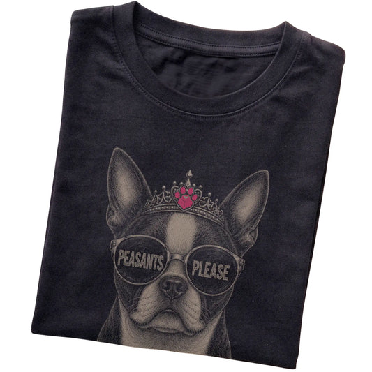 Black Boston Terrier Peasants Please T-Shirt folded detail