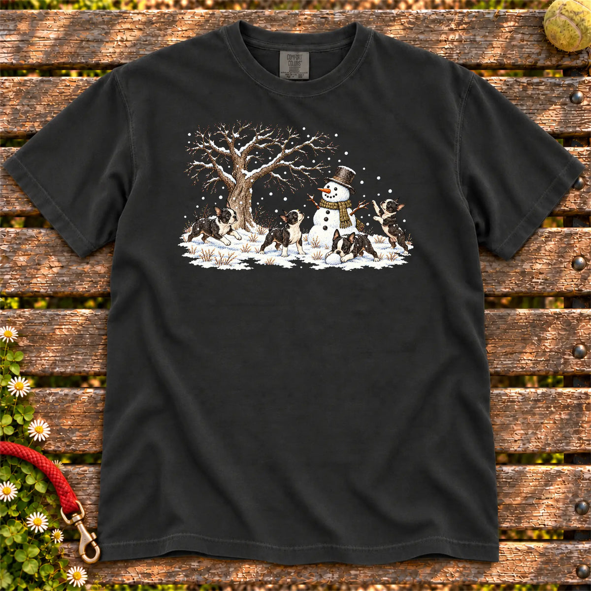 Boston Terrier puppies playing in snow with a snowman on a Black T-shirt
