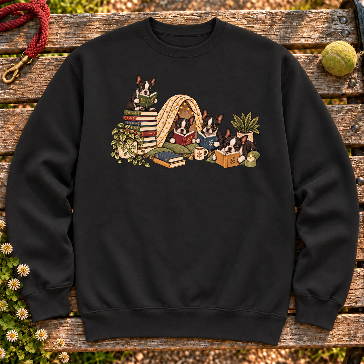 Boston Terrier puppies reading books in a cozy blanket fort on a Black sweatshirt