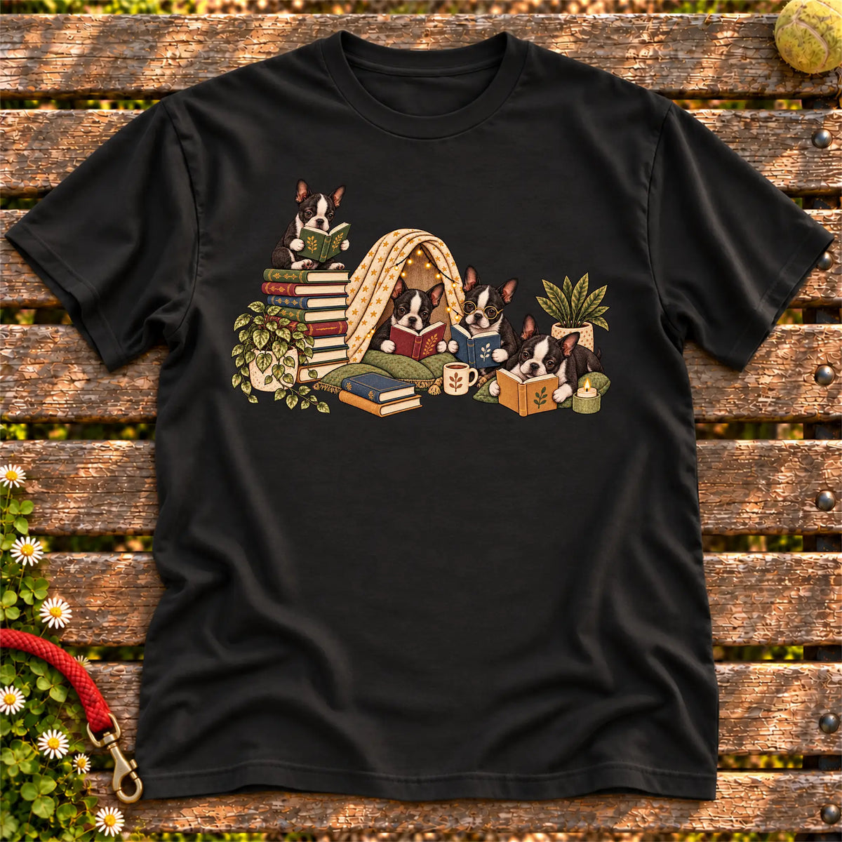 Boston Terrier puppies reading books in a cozy blanket fort on a Black T-shirt