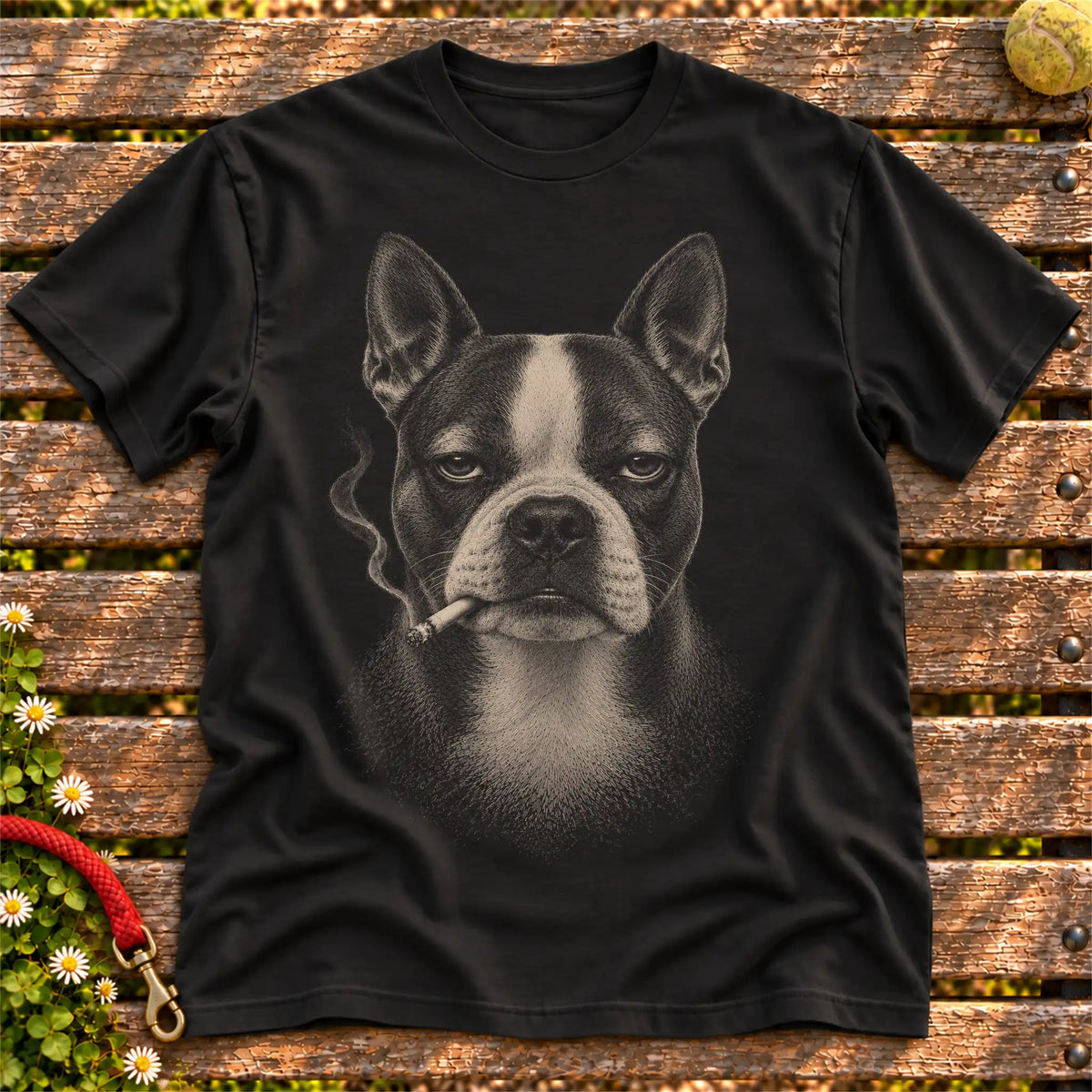 Boston Terrier smoking design on a Black t-shirt