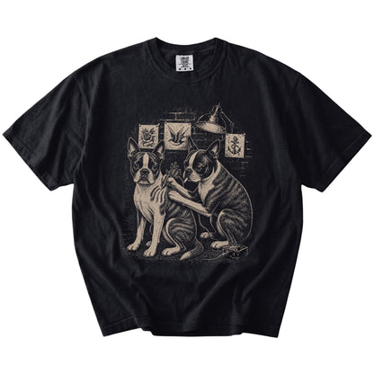Black Boston Terrier Tattoo t-shirt laid flat
