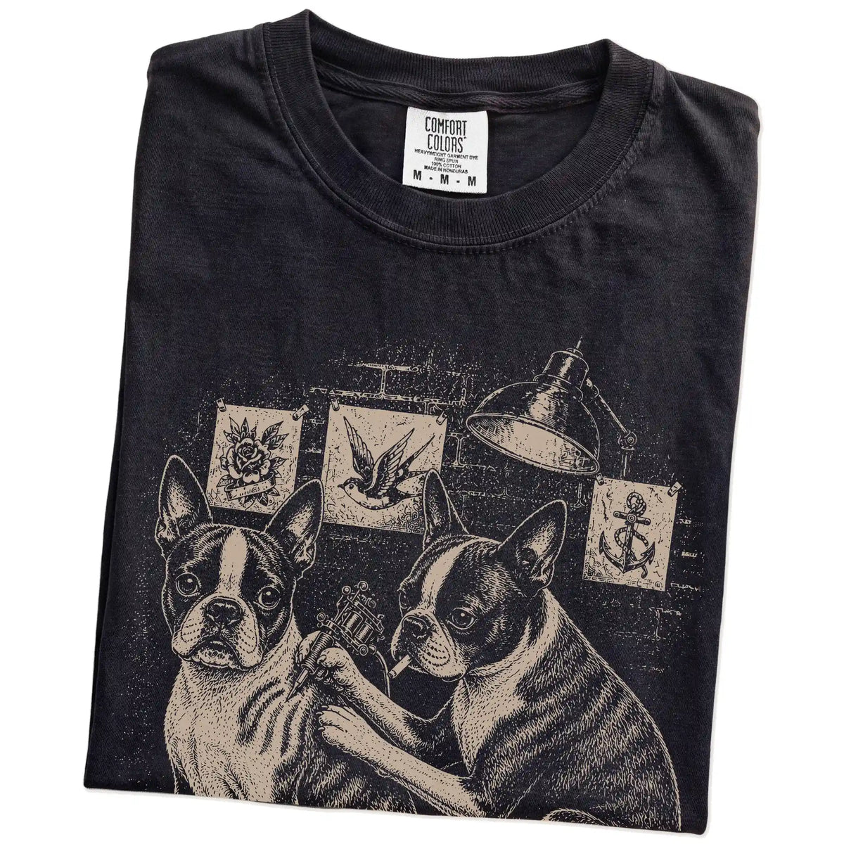 Folded Black Boston Terrier Tattoo t-shirt showing the graphic