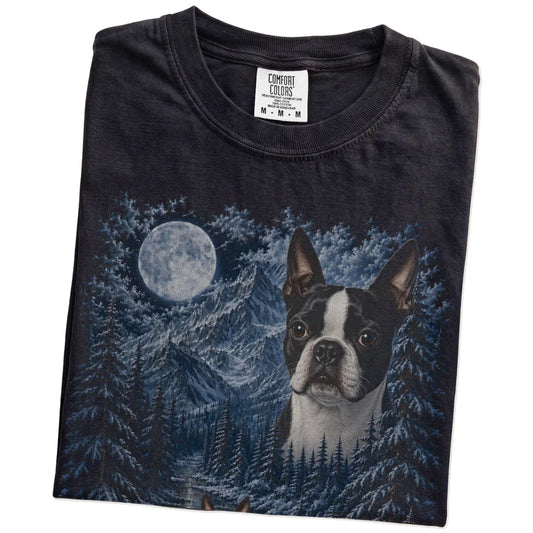 Folded black T-shirt with Boston Terrier Winter Moon artwork.