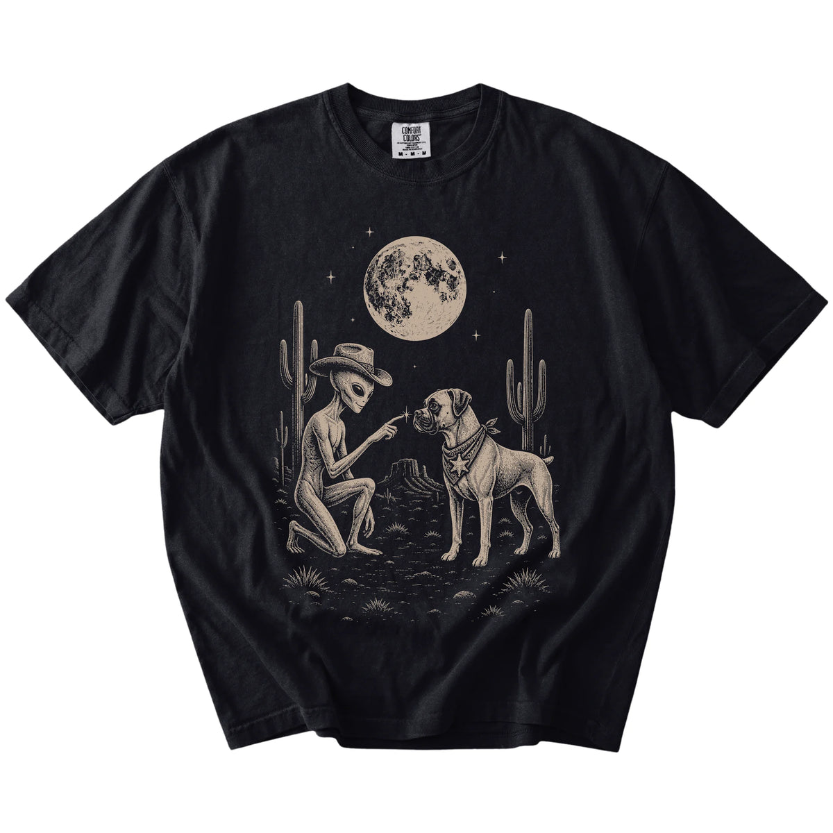 Cowboy alien fist-bumping a Boxer beneath the moon on a Black Comfort Colors® T-shirt