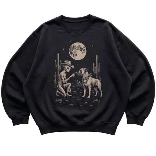 Black crewneck sweatshirt featuring Boxer Cowboy and Alien, laid-flat presentation