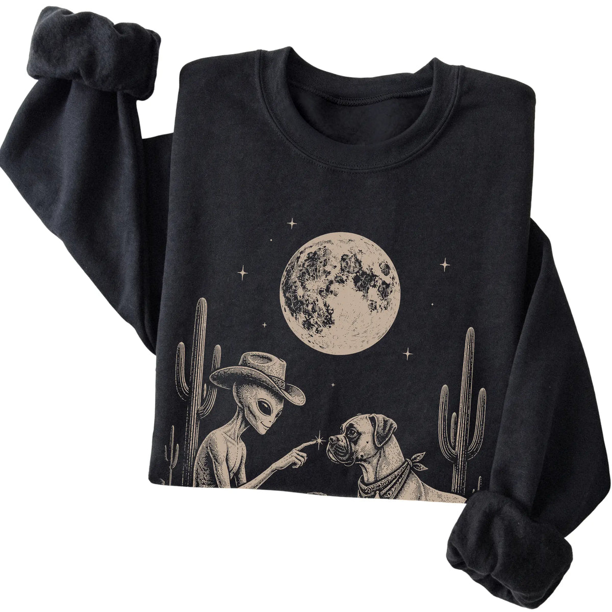 Black crewneck sweatshirt featuring Boxer Cowboy and Alien, folded presentation