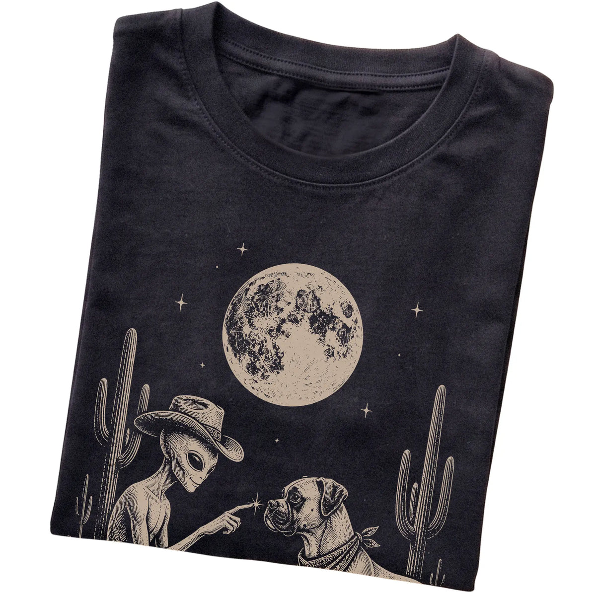 Black T-shirt featuring Boxer Cowboy and Alien, folded presentation
