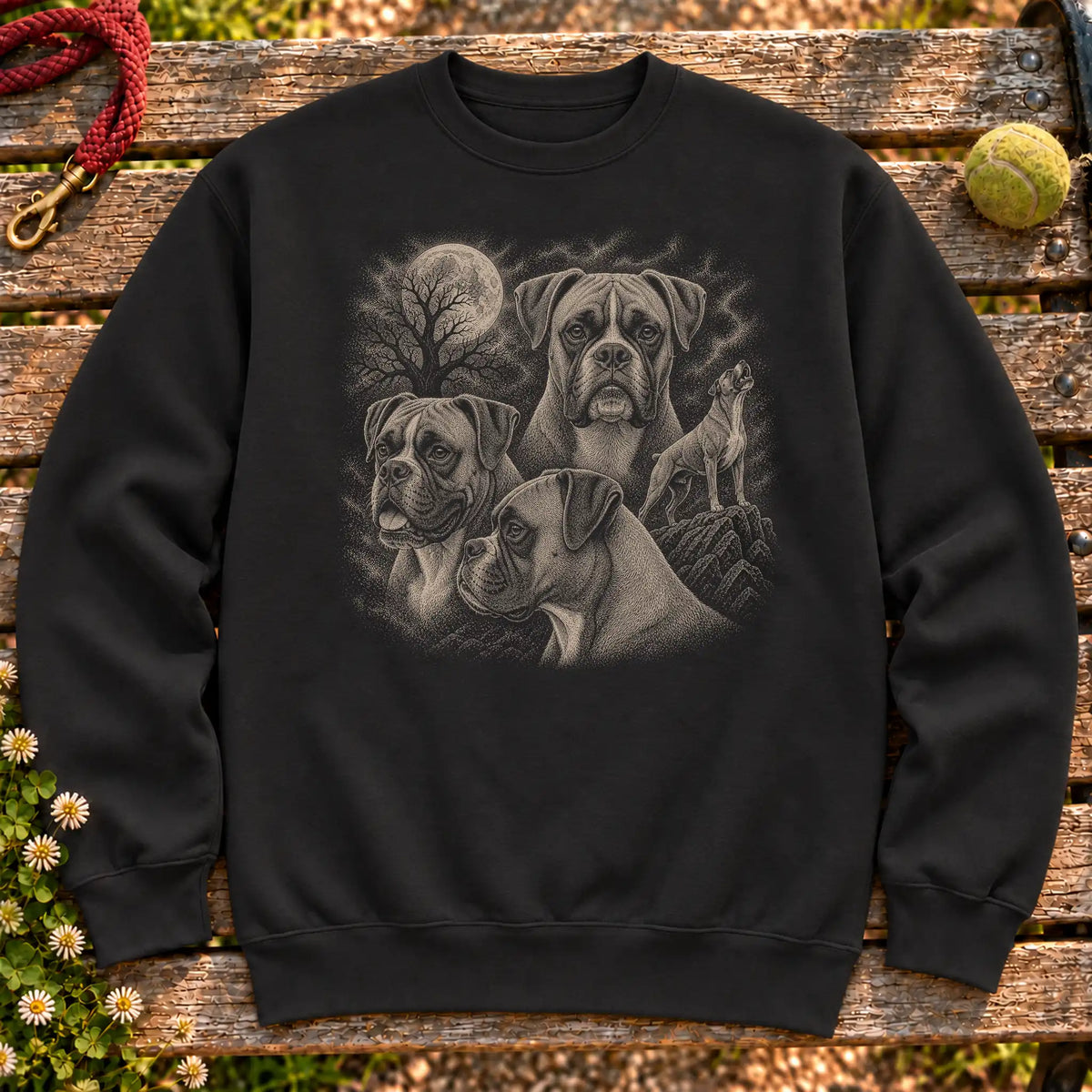 Boxer 90s Moon design on a Black crewneck sweatshirt shown flat