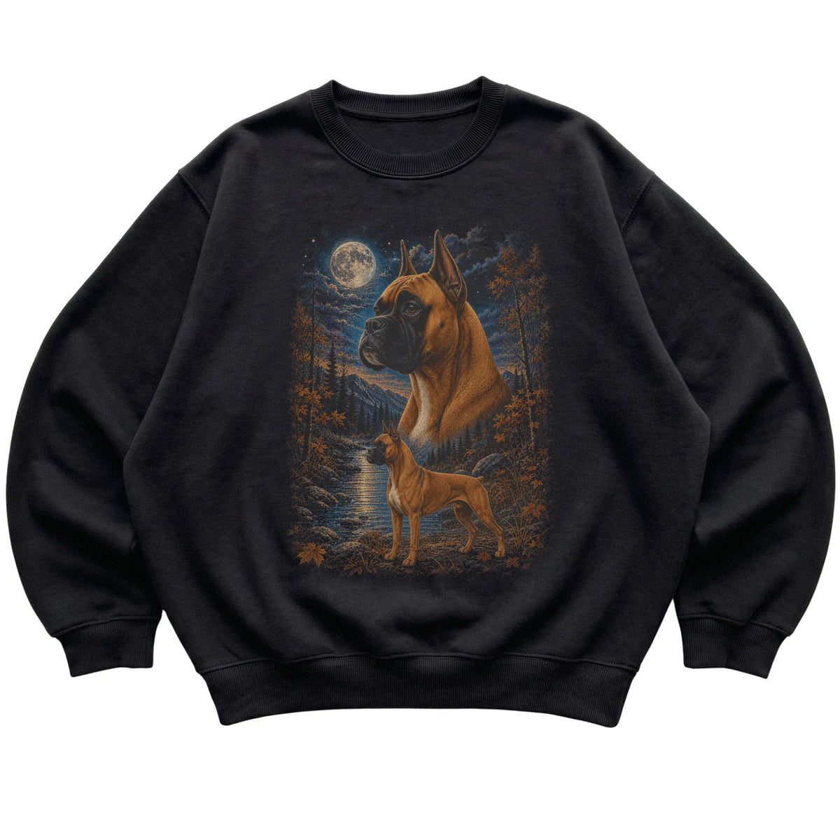 black sweatshirt with Boxer Autumn Moon artwork.