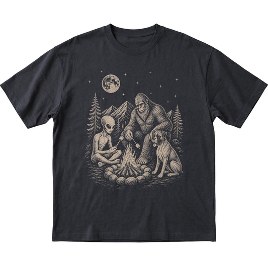 Black Boxer Camping with Bigfoot and Alien shirt laid flat