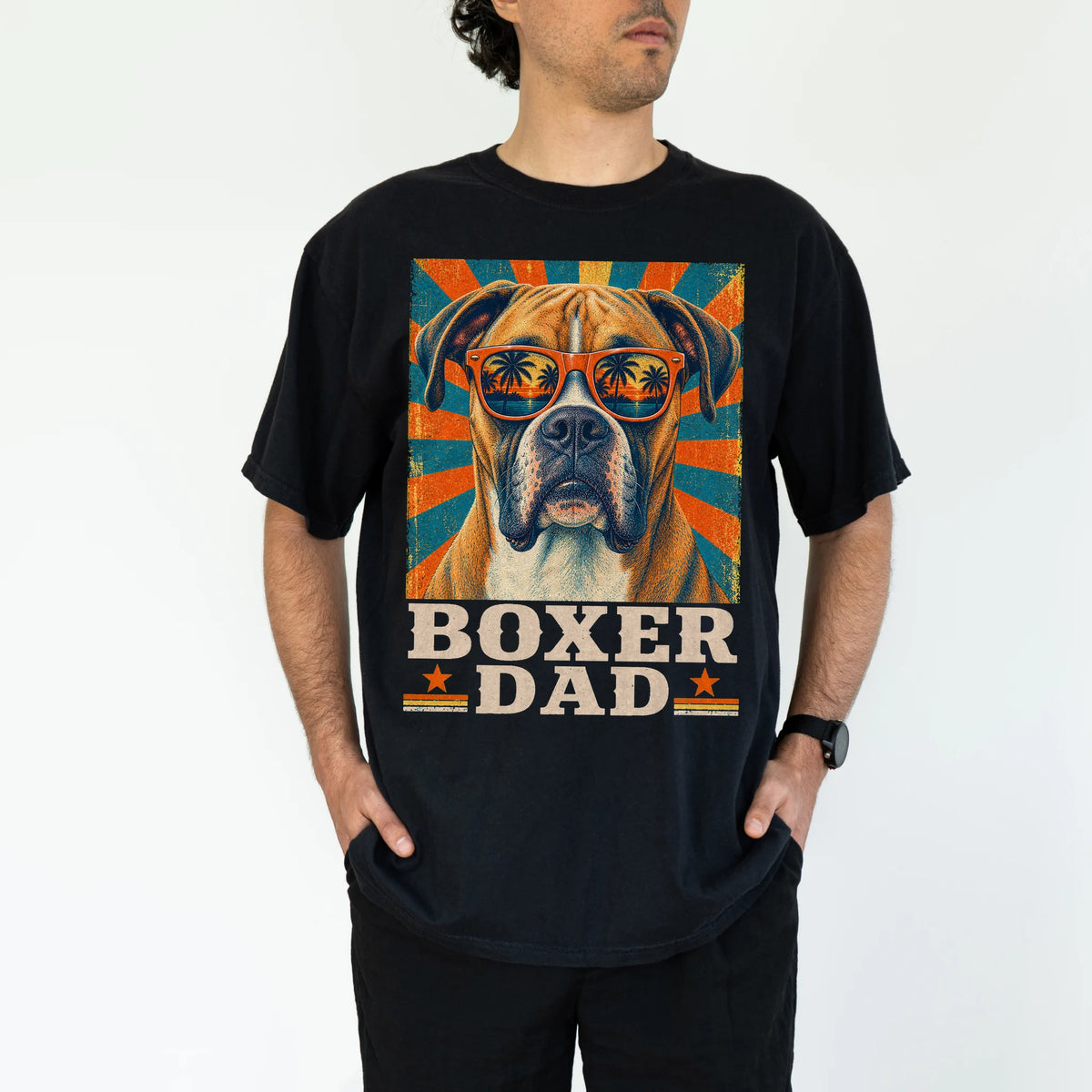 Retro Boxer Dad design on a Black Comfort Colors T-shirt worn by a model