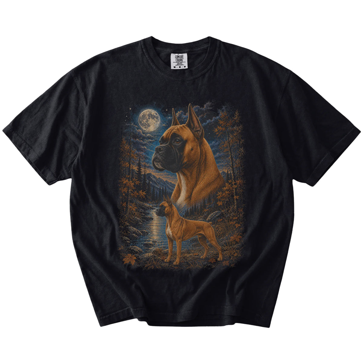 Boxer in a moonlit fall forest scene on a Black Comfort Colors® t-shirt