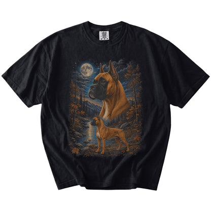 Boxer in a moonlit fall forest scene on a Black Comfort Colors® t-shirt