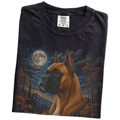 Folded Black Comfort Colors® t-shirt showing Boxer in a fall forest graphic