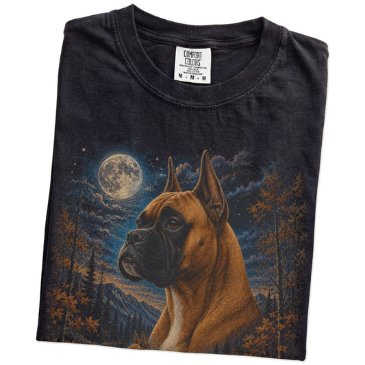 Folded Black Comfort Colors® t-shirt showing Boxer in a fall forest graphic