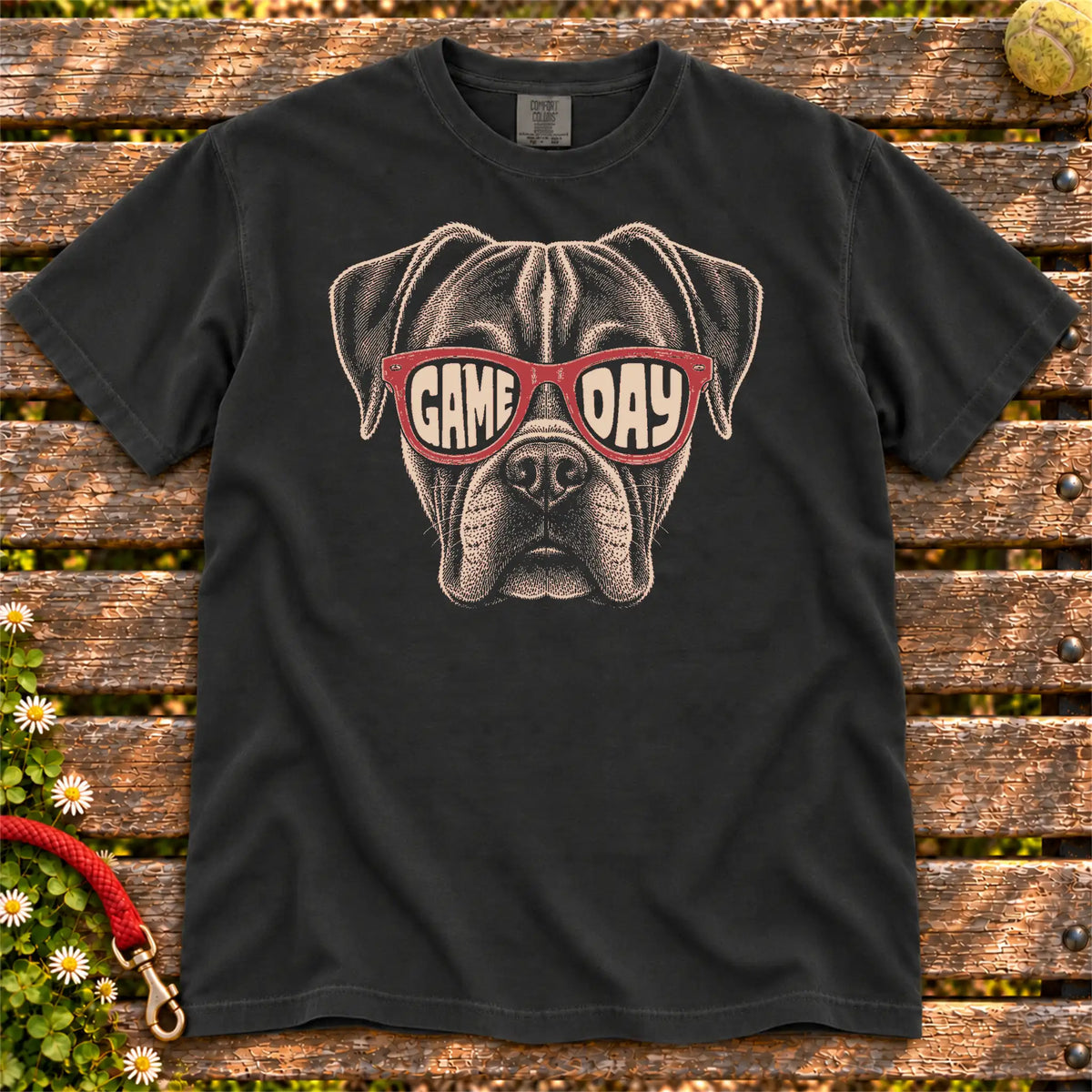 Boxer Game Day design on a Black Comfort Colors T-shirt, shown flat