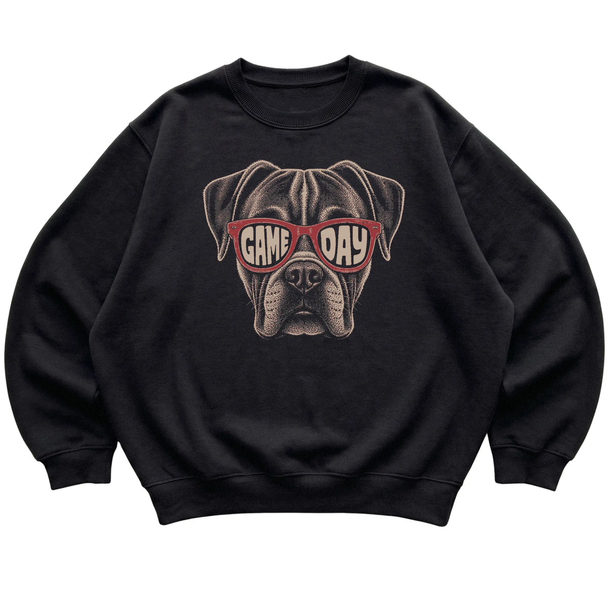 Black Boxer Game Day Sunglasses sweatshirt, laid flat