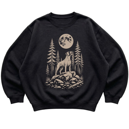 Close view of Boxer Howling at the Moon artwork on Black crewneck sweatshirt