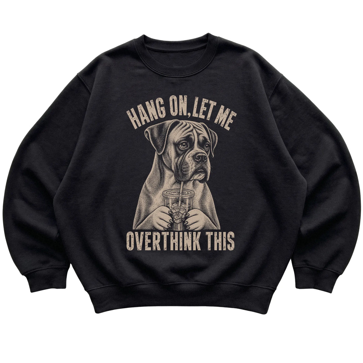 Black crewneck sweatshirt featuring Overthinking Boxer, laid-flat presentation