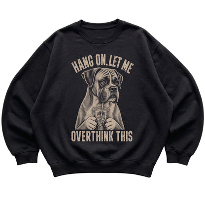 Black crewneck sweatshirt featuring Overthinking Boxer, laid-flat presentation
