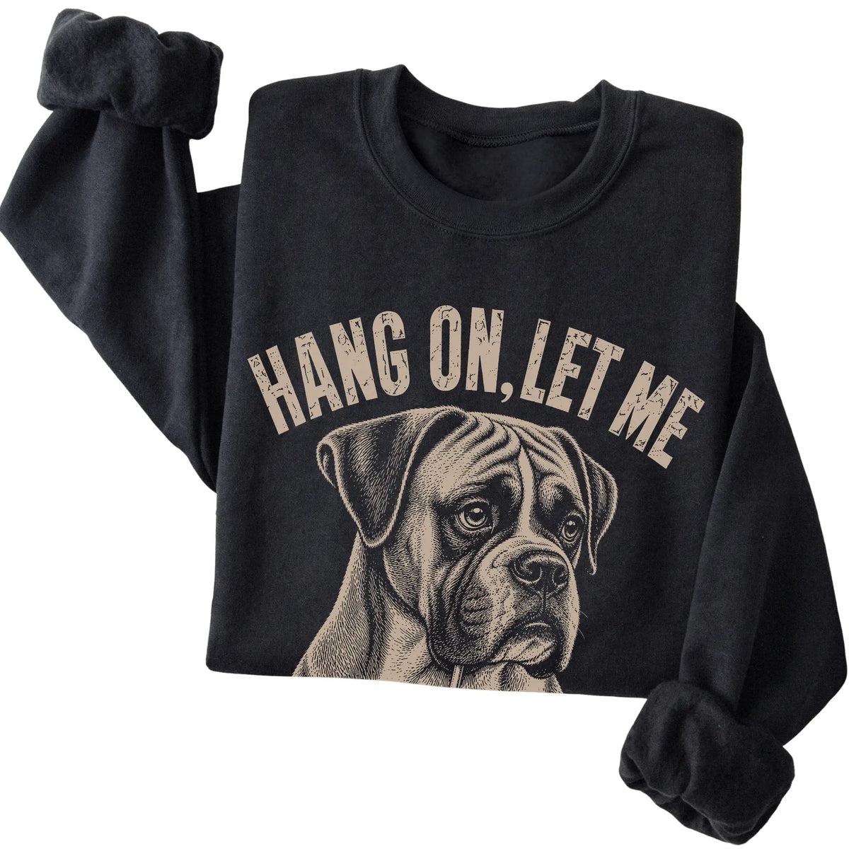 Black crewneck sweatshirt featuring Overthinking Boxer, folded presentation