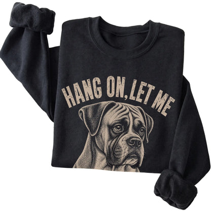 Black crewneck sweatshirt featuring Overthinking Boxer, folded presentation