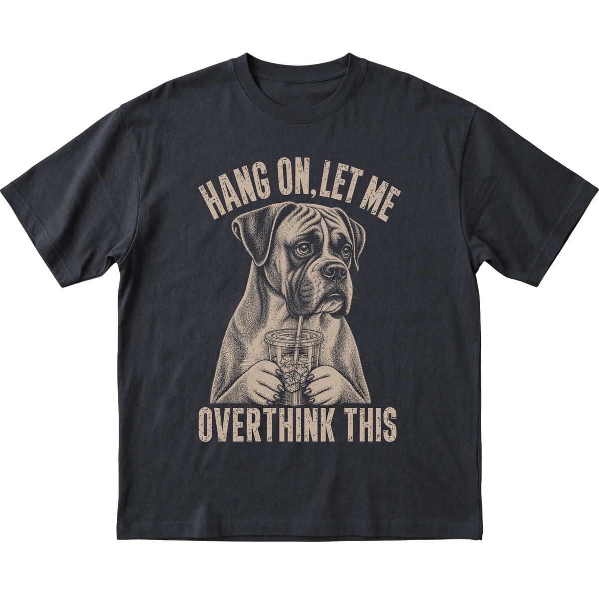 Black T-shirt featuring Overthinking Boxer, laid-flat presentation