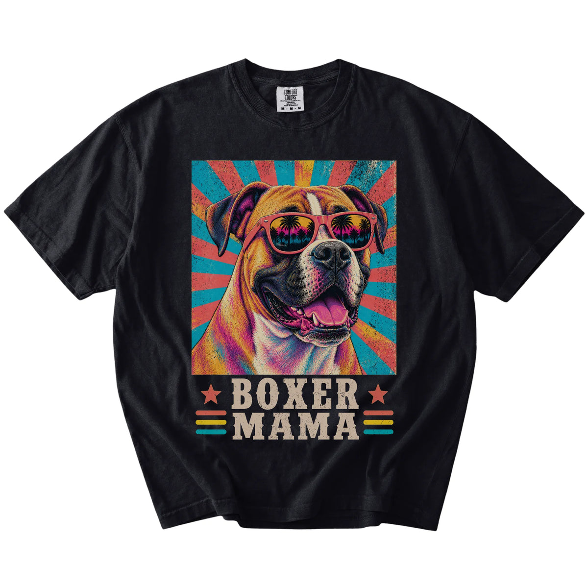 Retro Boxer Mama design on a Black Comfort Colors T-shirt