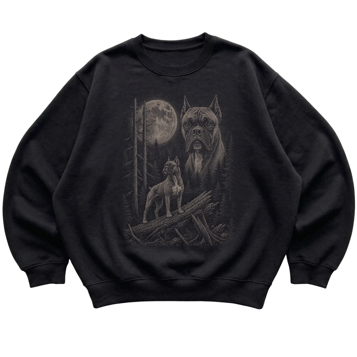 Boxer Moonlit Forest graphic on a black crewneck sweatshirt laid flat