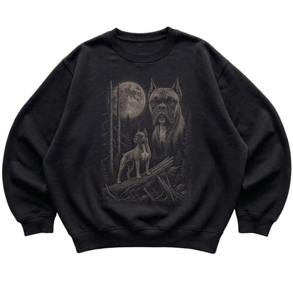 Boxer Moonlit Forest graphic on a black crewneck sweatshirt laid flat