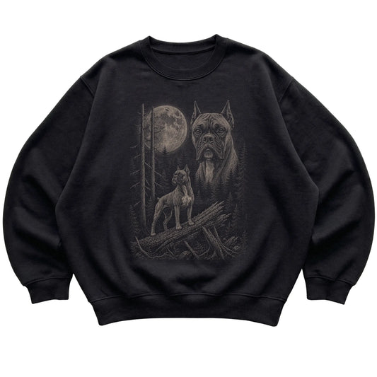 Boxer Moonlit Forest graphic on a black crewneck sweatshirt laid flat