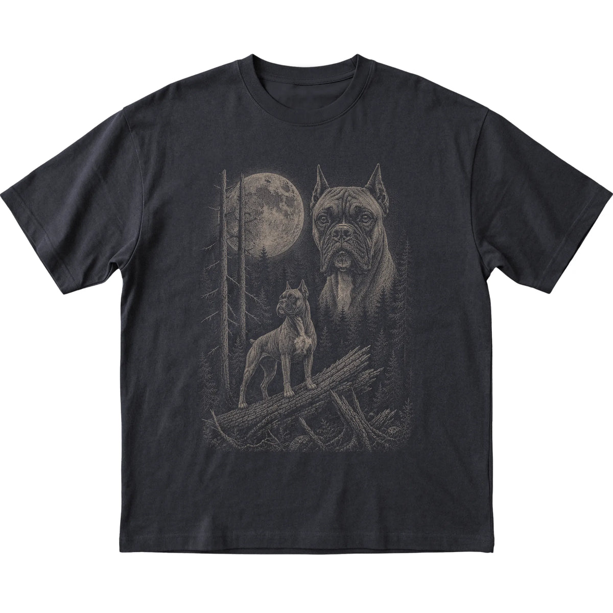 Boxer Moonlit Forest graphic on a black Softstyle T-shirt laid flat