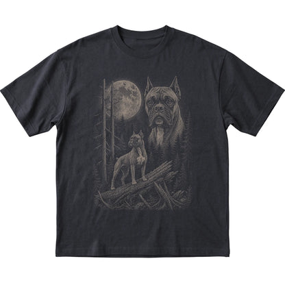Boxer Moonlit Forest graphic on a black Softstyle T-shirt laid flat