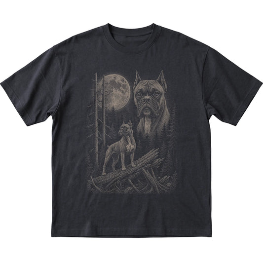 Boxer Moonlit Forest graphic on a black Softstyle T-shirt laid flat