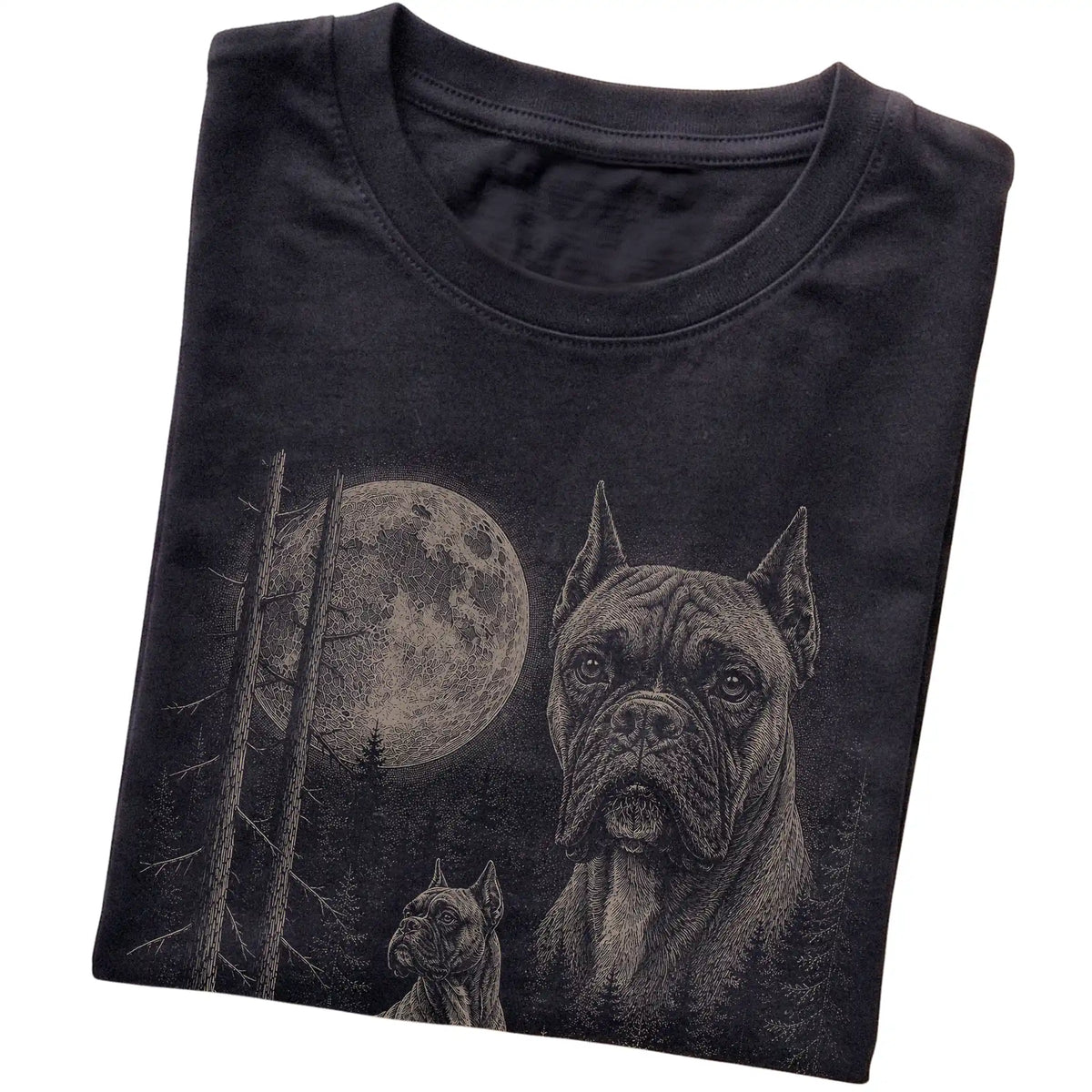 Folded black Softstyle T-shirt showing the Boxer Moonlit Forest graphic