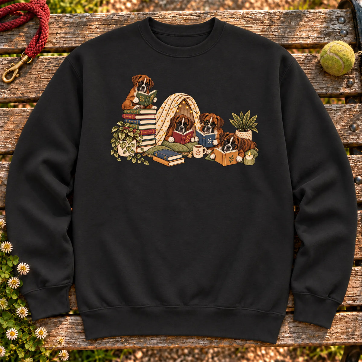 Boxer puppies reading books in a cozy blanket fort on a Black sweatshirt