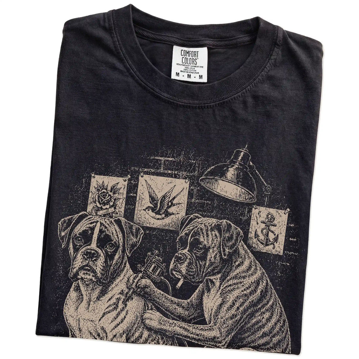 Folded Black Boxer Tattoo t-shirt showing the graphic
