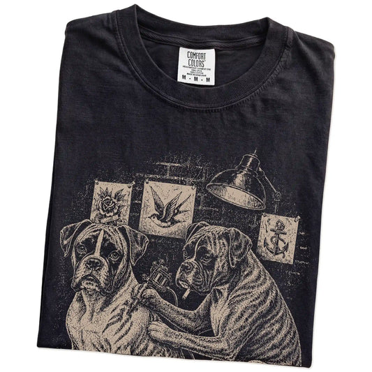 Folded Black Boxer Tattoo t-shirt showing the graphic
