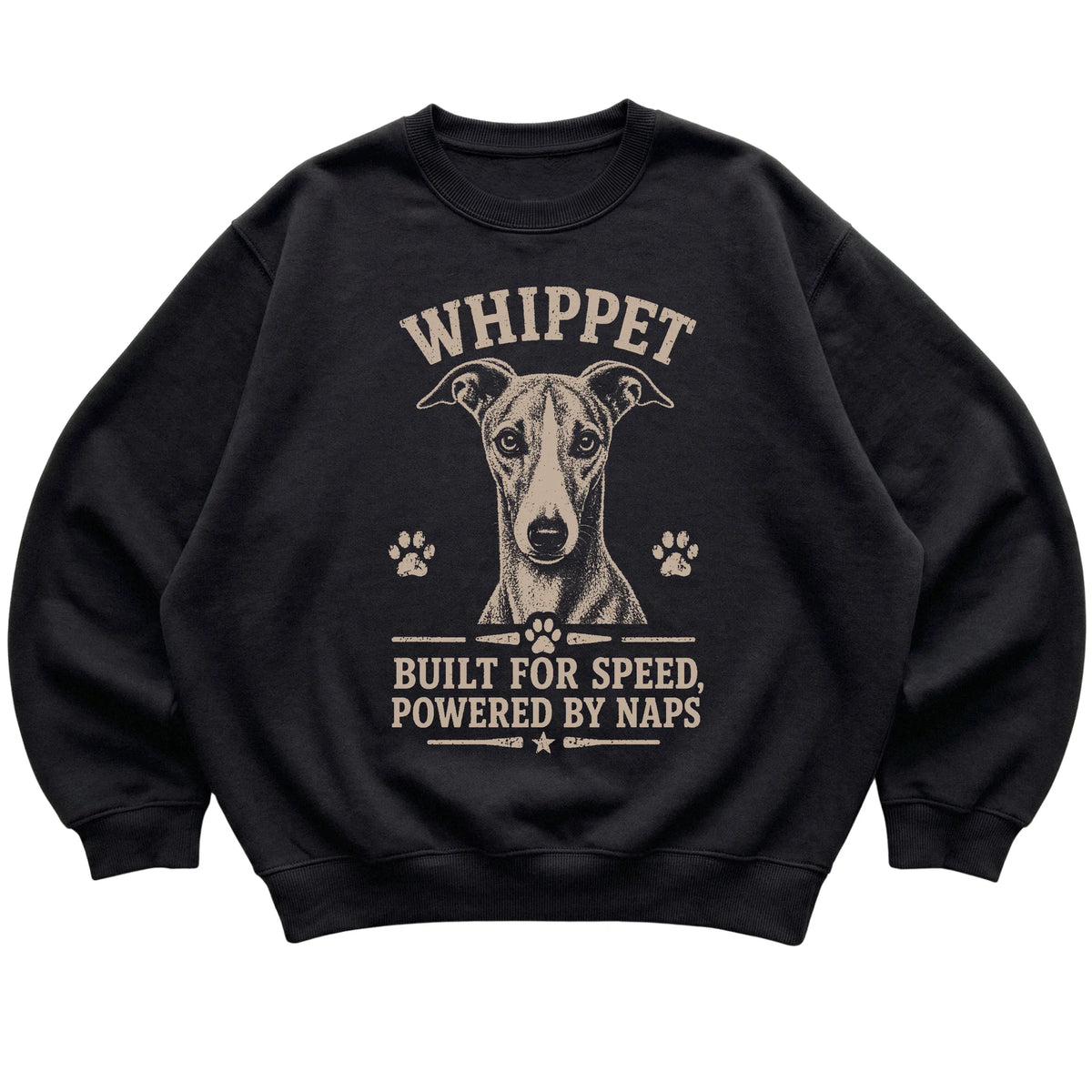 Black crewneck sweatshirt featuring Built For Speed, Powered By Naps - Whippet, laid-flat presentation